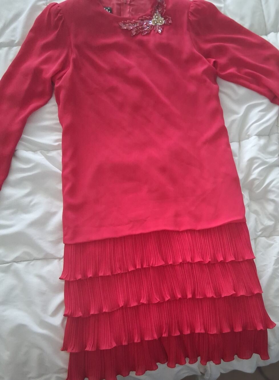 Vintage Ursula of Switzerland Red Pleated Drop Waist Dress Sequin Floral Size 8